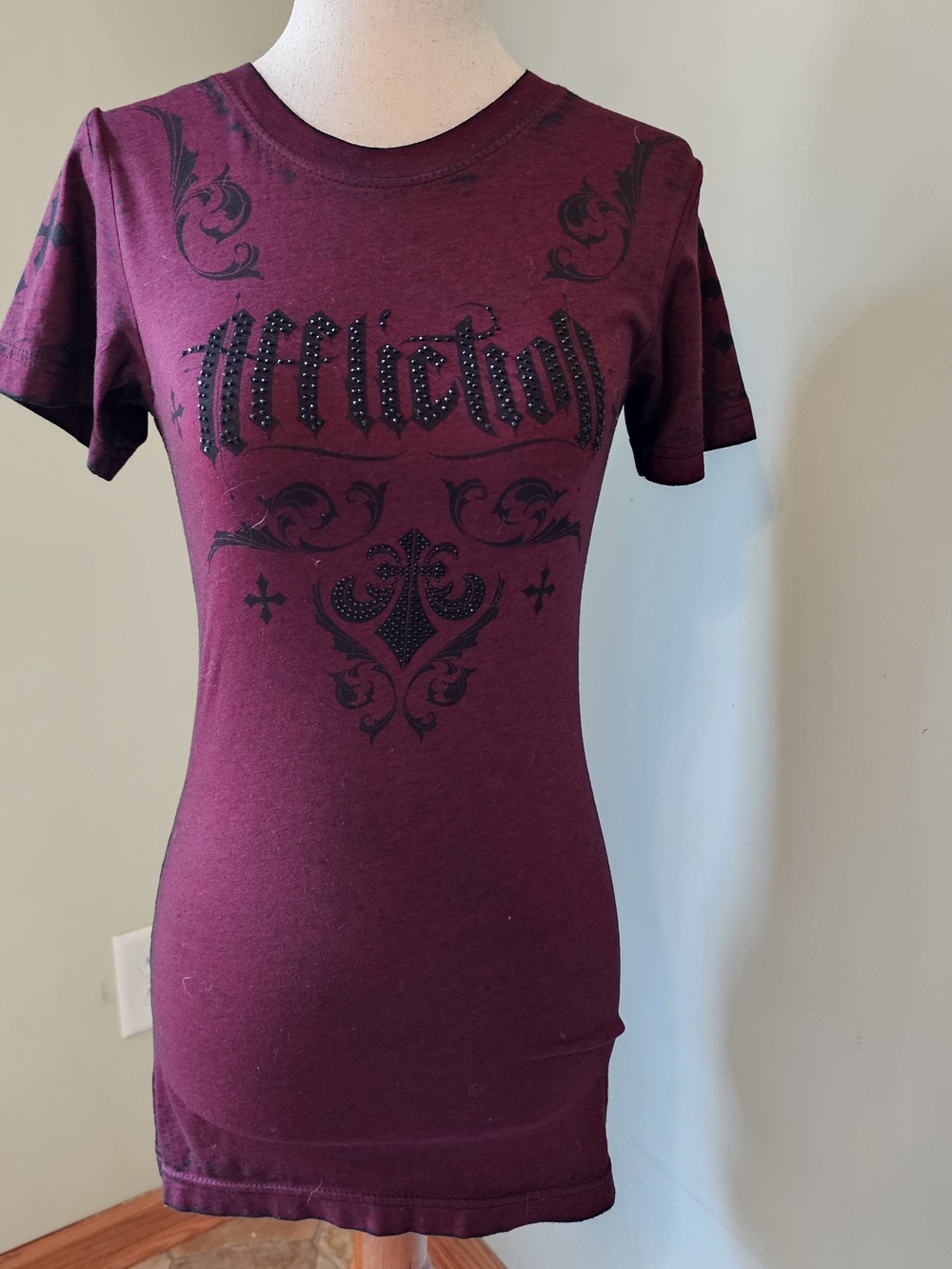 Affliction Women's Burgundy Graphic Tee with Black Stud Accents